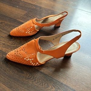 Caressa Vintage Suede Sling Back Laser Cut Heels Burnt Orange 8.5